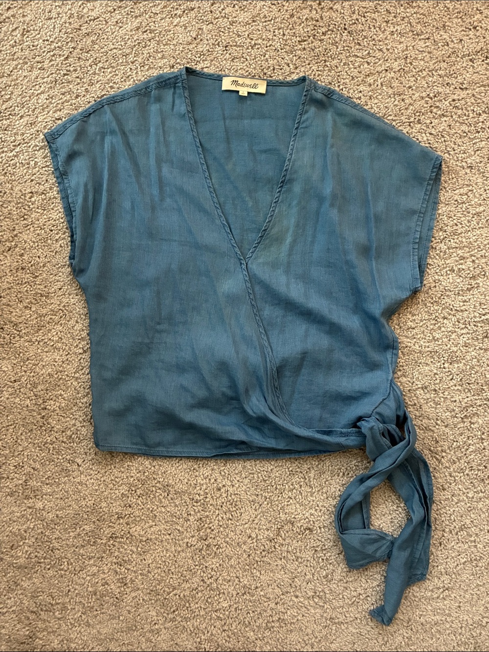 Madewell Blue Wrap Tie Short-Sleeve Blouse
